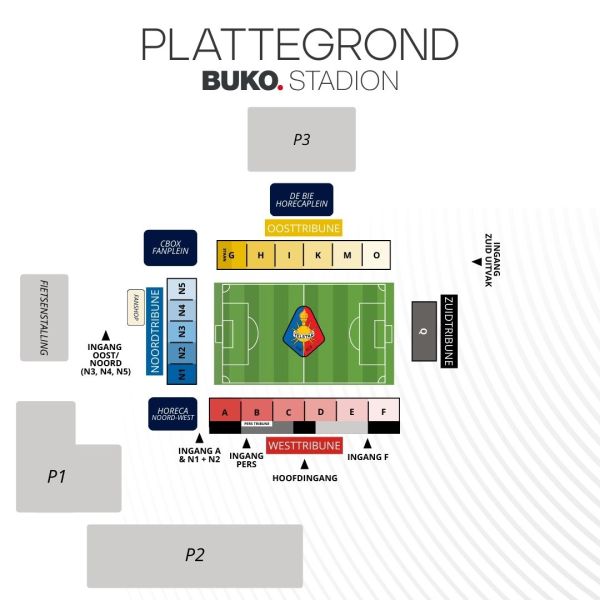 Plattegrond van het BUKO Stadion met oost-, west-, noord- en zuidtribune en ingangen A en F